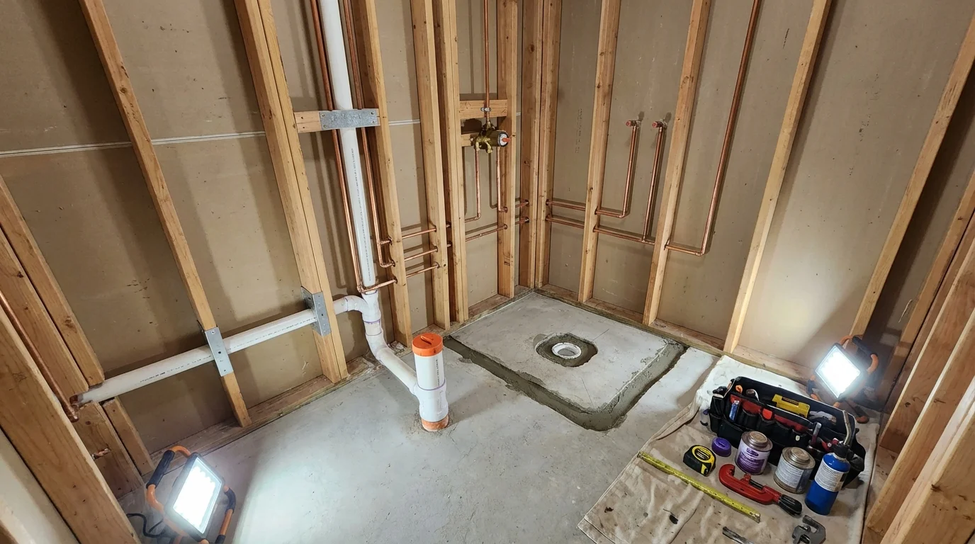 Bathroom rough-in plumbing during remodel by Johns Plumbing LLC in Keosauqua