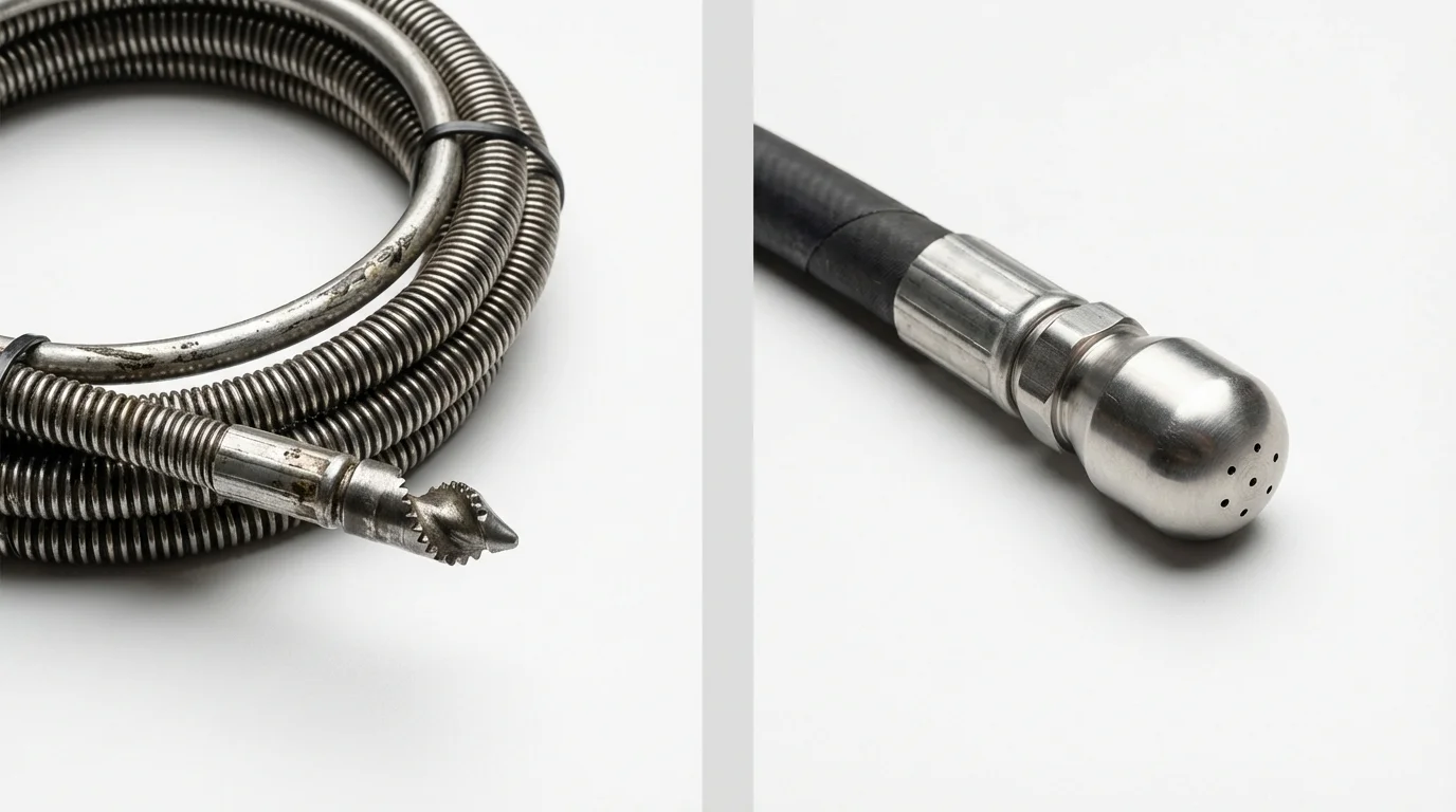 Drain snake cable and hydro jetting nozzle used for drain cleaning in Keosauqua, IA