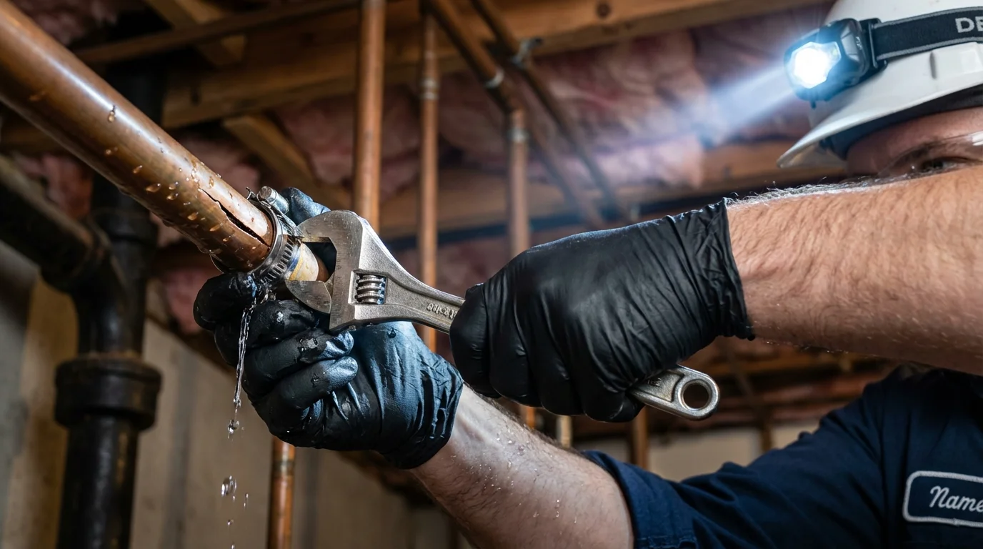 Emergency pipe clamp repair being performed by a Johns Plumbing LLC plumber in Keosauqua