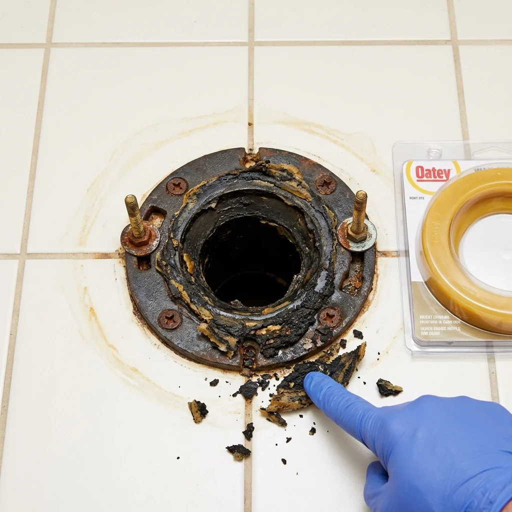 Failed wax ring showing water seepage at the base of a toilet in a Keosauqua, IA home