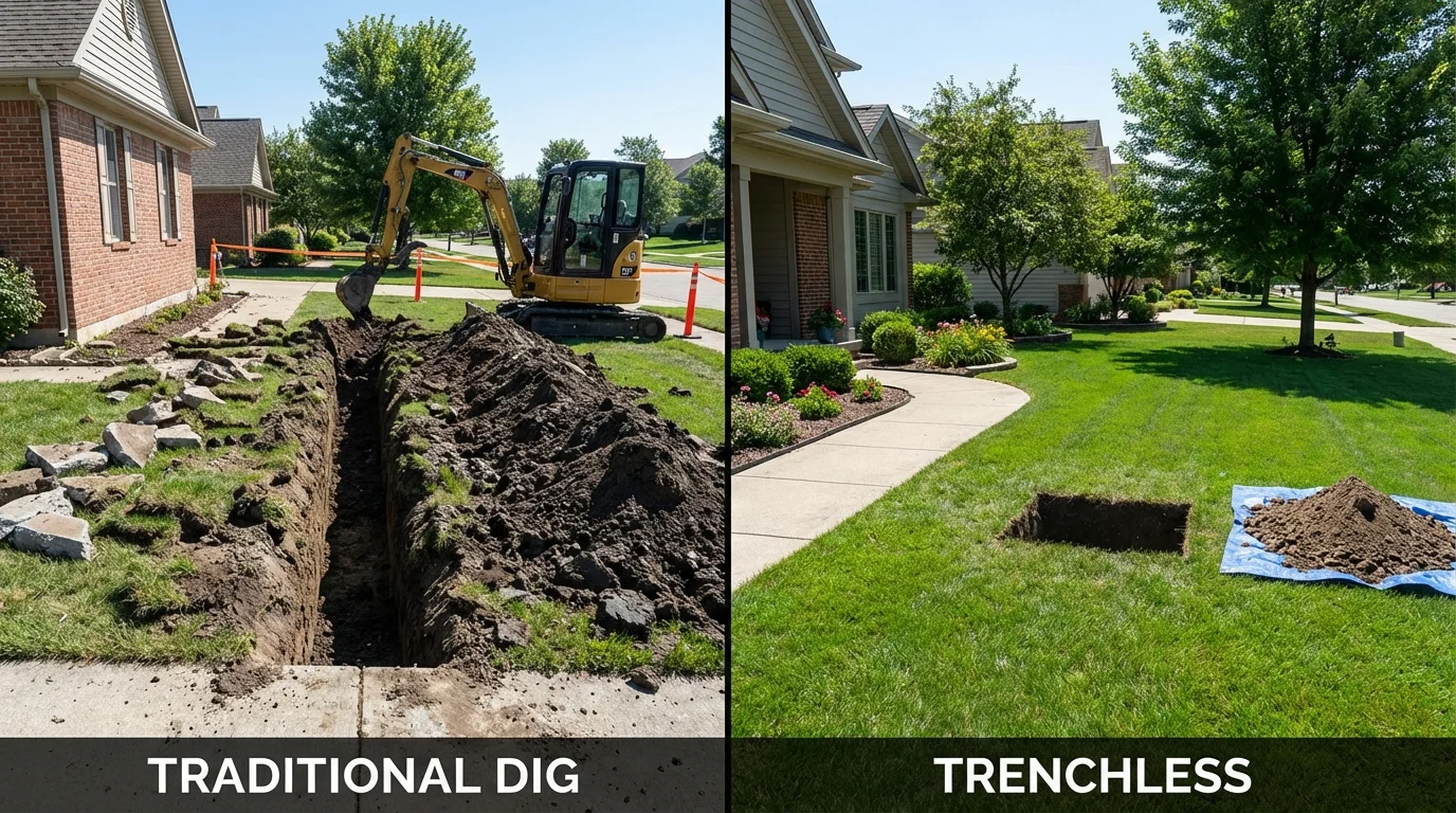 Trenchless sewer repair with minimal yard damage versus traditional excavation in Keosauqua, IA