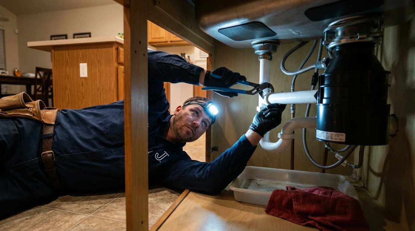 P-trap and supply line connections under a kitchen sink showing a common leak point in Keosauqua, IA